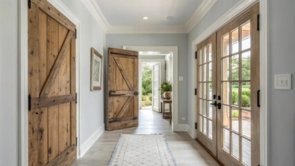 Poster - A fresh and airy hallway filled with soft light showcasing rustic wooden doors with a distressed finish that add character to newly painted walls in a gentle gray.