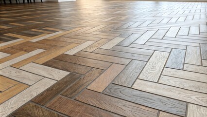 Aufkleber - A floor with a gradient of herringbone tiles from light to dark blending into a mixture of color with tered work materials and tile adhesive.