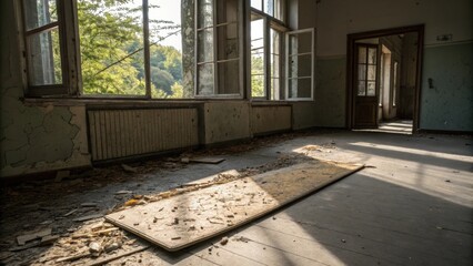 Poster - A faded laminate board splintered and discarded near an open window with natural light casting shadows and highlighting the wear on its surface.