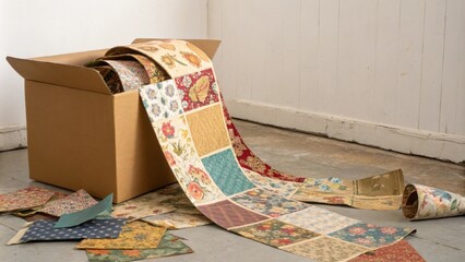 Poster - A dynamic view of wallpaper scraps cascading off an old cardboard box spilling onto the floor and creating a visual tapestry of color and pattern.