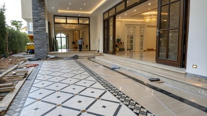 Poster - A dynamic perspective of the entryway focusing on halffinished work with a mix of glossy and matte tiles capturing attention amid tered tile spacers.