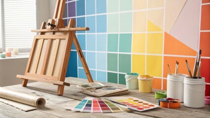 Poster - A dynamic shot of baseboards arranged artistically on an easel ready for painting with a backdrop of color swatches and paint tools.