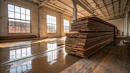 Aufkleber - A dynamic shot of floorboards stacked in a corner awaiting disposal alongside a beautiful newly exposed surface prepped for epoxy.