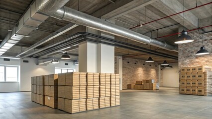 Aufkleber - A dynamic view of laminate flooring boxes piled in an industrialstyle room with pipes and ductwork visible on the ceiling creating a contrast of modern and vintage aesthetics.