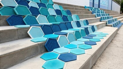 Poster - A display of hexagonal tiles in shades of blue and teal artfully stacked creating a playful sense of rhythm and movement within the design layout.