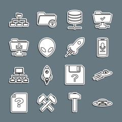 Poster - Set line UFO flying spaceship, and alien, Mobile recording, Server, Data, Web Hosting, Alien, FTP folder download, Folder tree and Rocket with fire icon. Vector