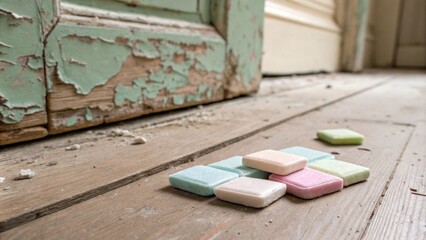 Aufkleber - A detailed focus on a small group of tile spacers in soft pastels lying atop a floor with remnants of old flooring peeling away in the background.