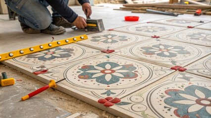 Poster - A detailed focus on a texturerich tile design in progress with bright spacers protruding between oversized tiles adding a playful touch to the renovation scene.