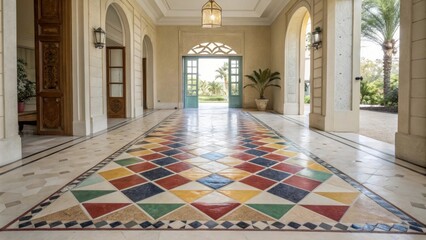 Aufkleber - A daring diamondshaped tile pattern in vibrant colors catches the eye in the entryway drawing attention to the expansive space.