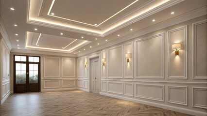 Poster - A crisp room with recessed lighting fitted into the ceiling creating a soft luminosity that highlights the corners of the perfectly nuanced paint color.