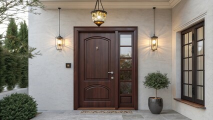 Aufkleber - A dark mahogany door contrasts beautifully with a light gray wall its polished surface reflecting the glow of nearby pendant lighting.