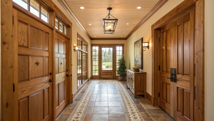 Aufkleber - A cozy hallway bathed in natural light from large windows at the end showcasing freshly varnished wooden doors that enhance the warm tones of the surrounding space.