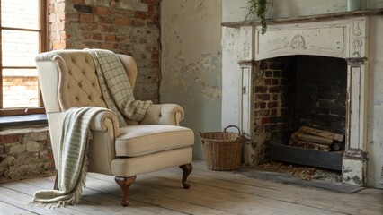 Poster - A cozy corner features a vintage armchair positioned near a partially renovated fireplace surrounded by the character of weathered brick.