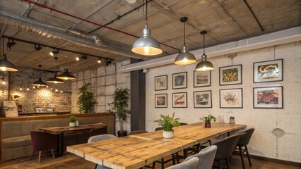 Aufkleber - A cozy dining area under a rugged exposed concrete ceiling adorned with metal pendant lights and a reclaimed wooden table set against a backdrop of artistic wall decor.