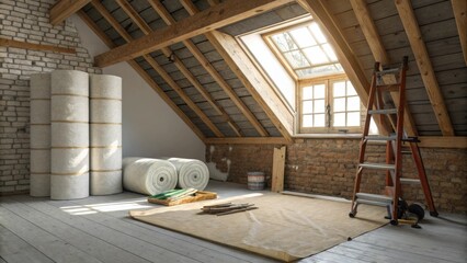 Poster - A corner workspace in an attic where rolls of insulation are stacked beside a wall framed with wooden beams with a painters tarp spread out on the floor.