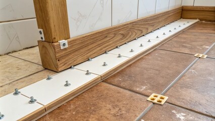 Aufkleber - A corner of a bathroom renovation where a single wooden beam provides contrast to the clean white spacers laid out on a warmtoned floor awaiting the arrival of tiles.