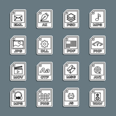 Sticker - Set line WAV file document, AVI, PHP, PSD, DLL, JPG, EML and PDF icon. Vector