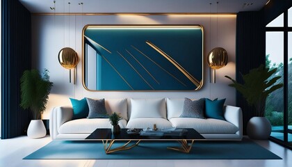 Wall Mural - modern living room with minimalist design white sofa blue accents large mirror and unique lighting 3d rendering