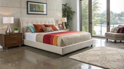 Poster - A contemporary bedroom with a plush bed and simple decor where the polished concrete floor serves as a neutral canvas for vibrant accent pillows and throws.