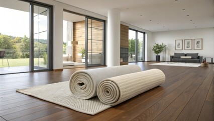Aufkleber - A contemporary living space with smooth hardwood floors where a pair of elegant rolledup rugs contrasts against the minimalist decor emphasizing the potential for creative design.