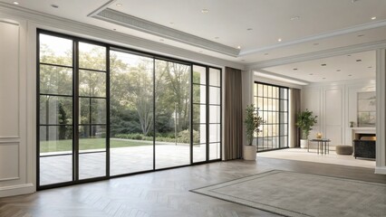 Poster - A contemporary room showcasing a wide wall adorned with a sleek symmetrical frame waiting for sleek sliding doors to enhance the open flow of the area.