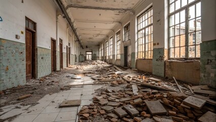 Aufkleber - A conuous collection of old tiles shattered into pieces surrounded by remnants of construction materials and framed by the daunting walls of a halfrenovated room.