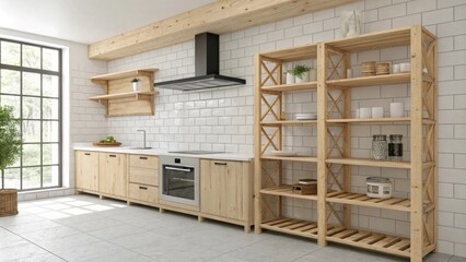 Aufkleber - A contemporary kitchen featuring a collection of unfinished wooden shelving kits displayed prominently against a backdrop of white tile exuding a sense of potential and creativity.