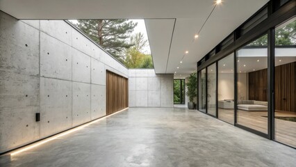 Fototapete - A contemporary environment highlighted by the contrast of rugged concrete flooring against sleek featureless walls perfect for a modern aesthetic.