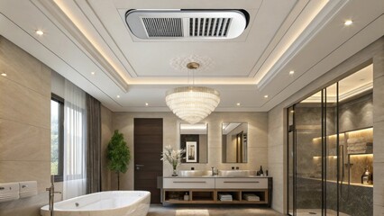 Aufkleber - A contemporary bathroom with a discreet air conditioning vent integrated into a sleek smooth ceiling design enhanced by elegant lighting and modern fixtures.