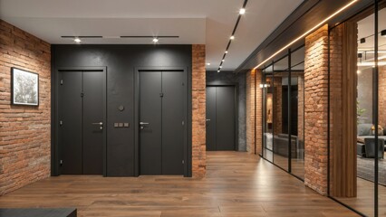 Aufkleber - A contemporary entryway with an industrial feel highlighting matte black doors with minimalist hardware against exposed brick walls and polished wooden flooring.