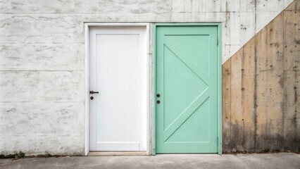 Aufkleber - A contemporary door with a crisp line dividing it into two colors one side painted a clean white and the other a soft mint green leaning against a raw unfinished wall.