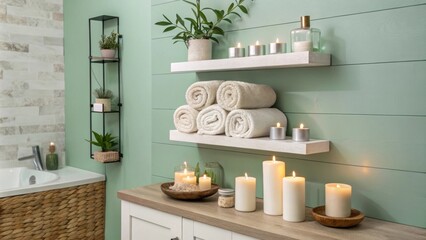 Leinwandbilder - A contemporary bathroom displaying a calming light green wall with neatly arranged outs for floating shelves featuring rolled towels and fragrant candles arranged stylishly.