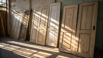 Poster - A collection of unpainted doors resting against each other with sunlight casting interesting shadows that dance across their surfaces.