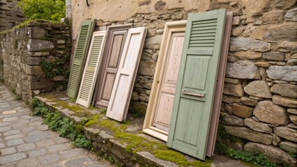 Poster - A collection of variously sized shutters painted in soft earth tones stacked haphazardly against a textured stone wall with moss creeping in.