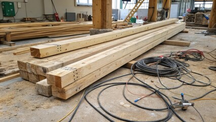 Poster - A collection of unfinished wood beams some with visible markings and imperfections lying askew next to a mess of tangled wires and plumbing materials.