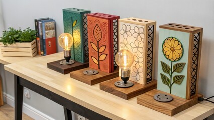 Poster - A collection of innovative wall sconces with unique decorative elements and vibrant colors spread across a lightstained wooden table.