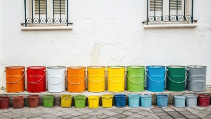 Poster - A collection of empty and cled paint cans forms a colorful backdrop to a white wall inviting thoughts of fresh designs and artistry.