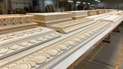 Leinwandbilder - A collection of classic cornice moldings displayed on a large table with soft shadows playing across the surface creating a dynamic interplay of light and form.