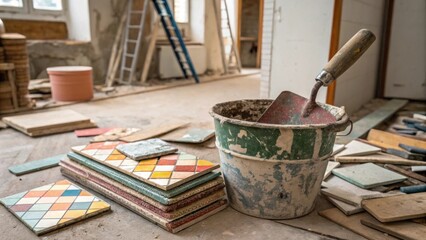 Aufkleber - A cluttered renovation space capturing a chaotic stack of multicolored ceramic tiles with a rusty trowel plunged into a bucket of readytouse grout.