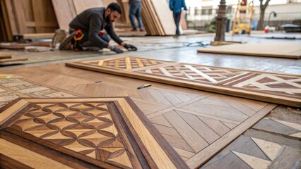 Aufkleber - A closeup view of intricately patterned parquet pieces lying tered on the ground with some sections laid out revealing the meticulous attention to detail in the renovation process.
