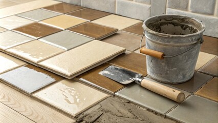 Aufkleber - A closeup view of a stacked collection of glossy ceramic tiles in earthy tones next to a slightly stained trowel and a small bucket filled with grey grout.