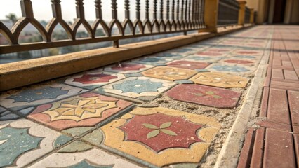 Poster - A closeup view of a balcony floor showcasing an intricate design of tiles in various colors with several gaps filled with dust and unfinished work.