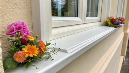 Aufkleber - A closeup shot of the freshly caulked window sill where the caulk forms a perfect bead against a painted wall and colorful flowers are p nearby adding a pop of color.