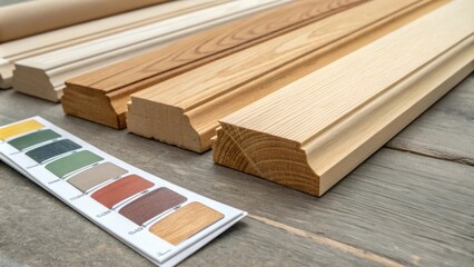 Aufkleber - A closeup of raw wooden baseboards with a few paint swatches lying next to them reflecting the decisions yet to be made.
