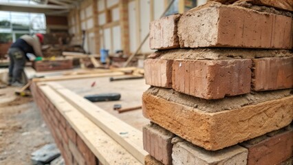 Aufkleber - A closeup of the edges of brick veneers stacked carefully revealing the intricate details of each piece contrasted against a blurred background of renovation chaos.