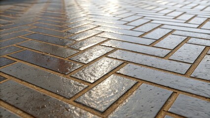 Aufkleber - A closeup of intricate grout lines between the herringbone tiles highlighting the sheen of the wet grout in the unfinished pattern.