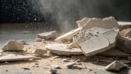 Poster - A closeup of broken plaster fragments showing rough edges and varying sizes with dust motes dancing in the light.