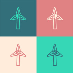 Poster - Pop art line Wind turbine icon isolated on color background. Wind generator sign. Windmill for electric power production. Vector