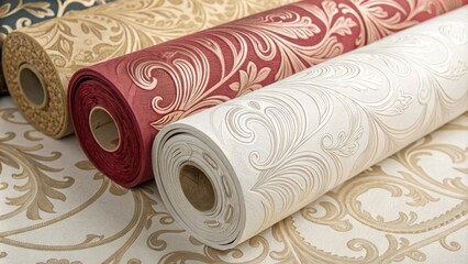 Poster - A closeup of intricate patterns on the surface of several wallpaper rolls showcasing their rich colors and textures against a pale backdrop.