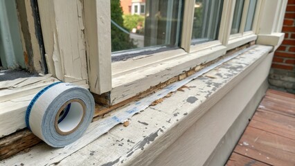 Leinwandbilder - A closeup of a window ledge adorned with protective tape revealing the rich texture of weathered paint and the promise of fresh updates.